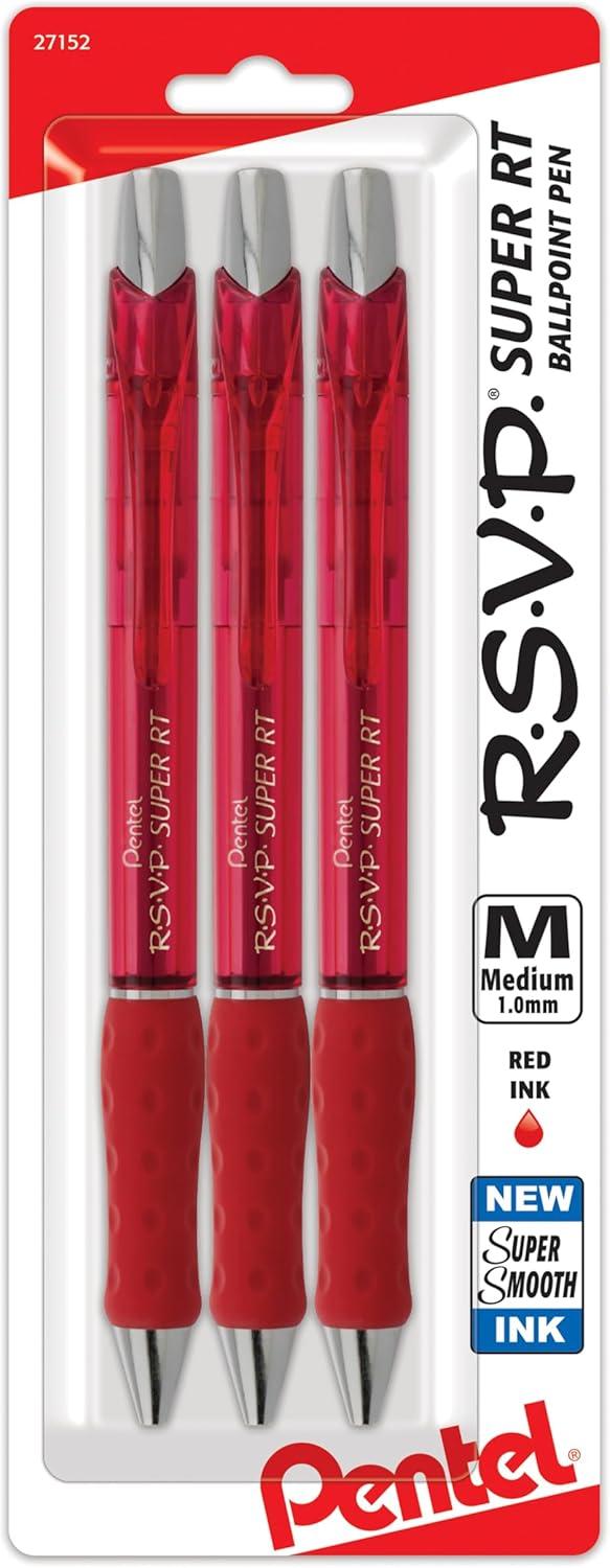image:imagePentel RSVP Super RT Ballpoint Pen 07mm Fine Line Assorted Ink Pack of 4 BX477BP4M1Red