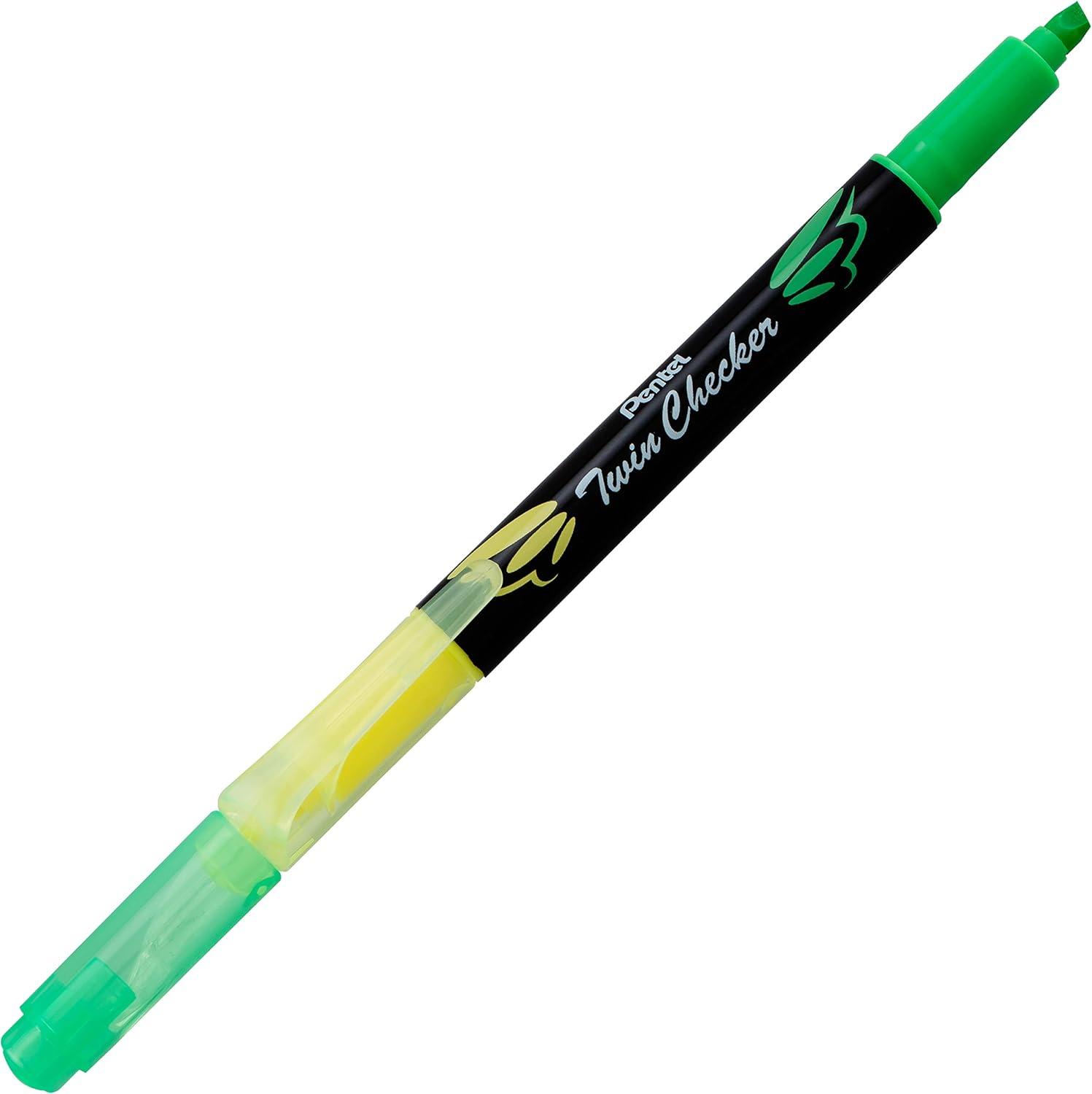 image:imagePentel Twin Checker Dualtip Highlighter Chisel Tip YellowPink Ink Pack of 12 SLW8GPYellowGreen