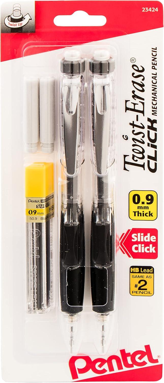 image:imagePentel Twist Erase Click Automatic Pencil with 2 Eraser Refills and Lead 09 mm Assorted Barrels Color May Vary 2 Pack PD279TLEBP2Assorted