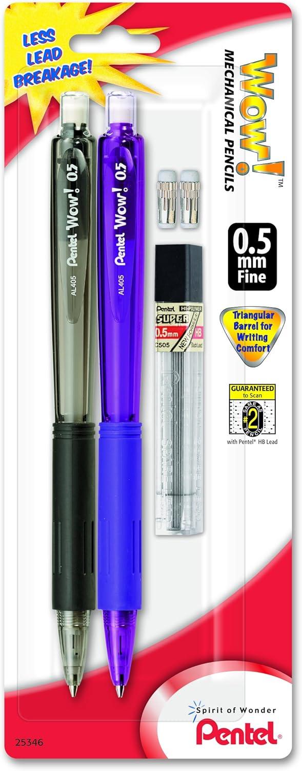 image:imagePentel Wow Mechanical Pencil 05mm Assorted Barrels with 2 Pencils Lead and 2 Erasers AL405LEBP2