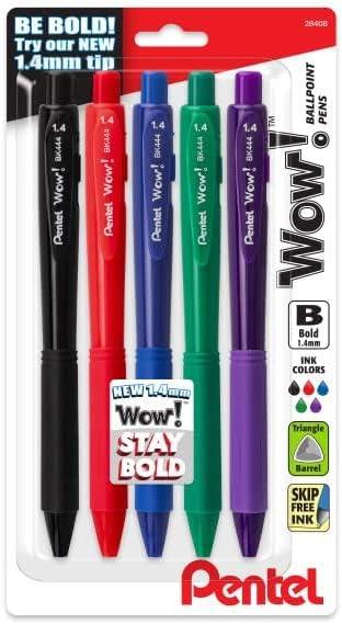 image:imagePentel Wow Retractable Ballpoint Pen 14mm Bold Line Assorted Ink Colors 5 Pack
