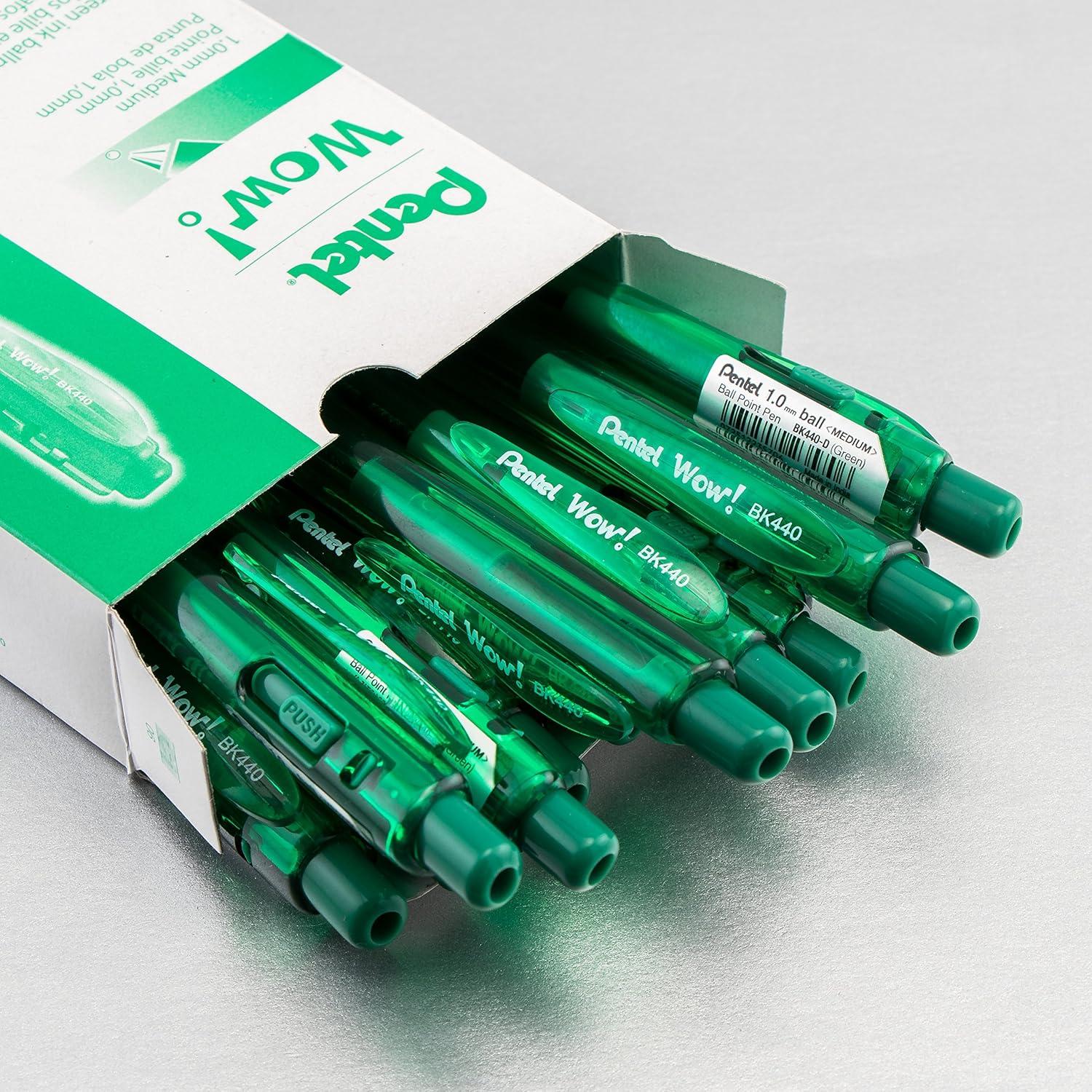 image:imagePentel Wow Retractable Ballpoint Pens 10mm Medium Line Green Ink Box of 12 BK440D