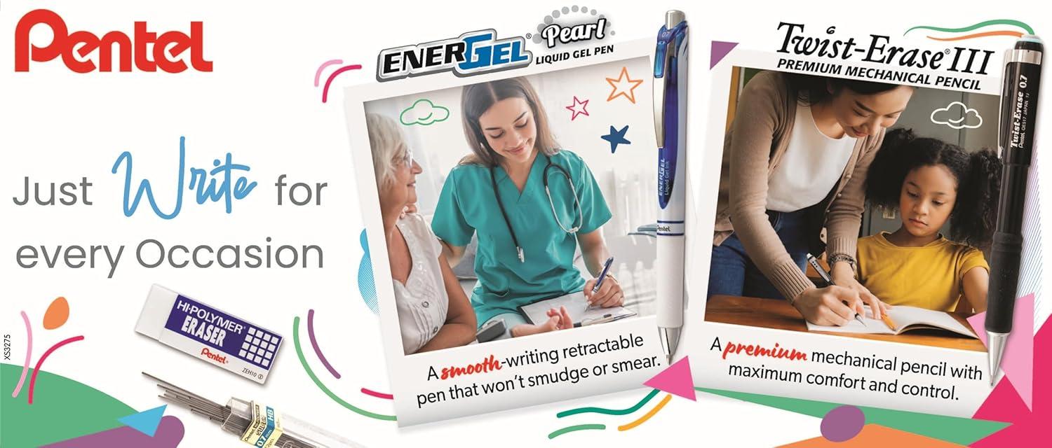 image:imagePentel Writing Essentials 10 pack 4 EnerGel gel pens 2 Twist Erase III 07mm mechanical pencils 2 HiPolymer block erasers and 2 HiPolymer 07mm HB lead