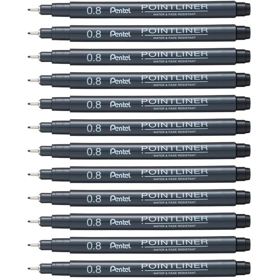 image:imagePentel Arts Pointliner Drawing Pen 08mm Black Ink Box of 12 Pens S20P8A