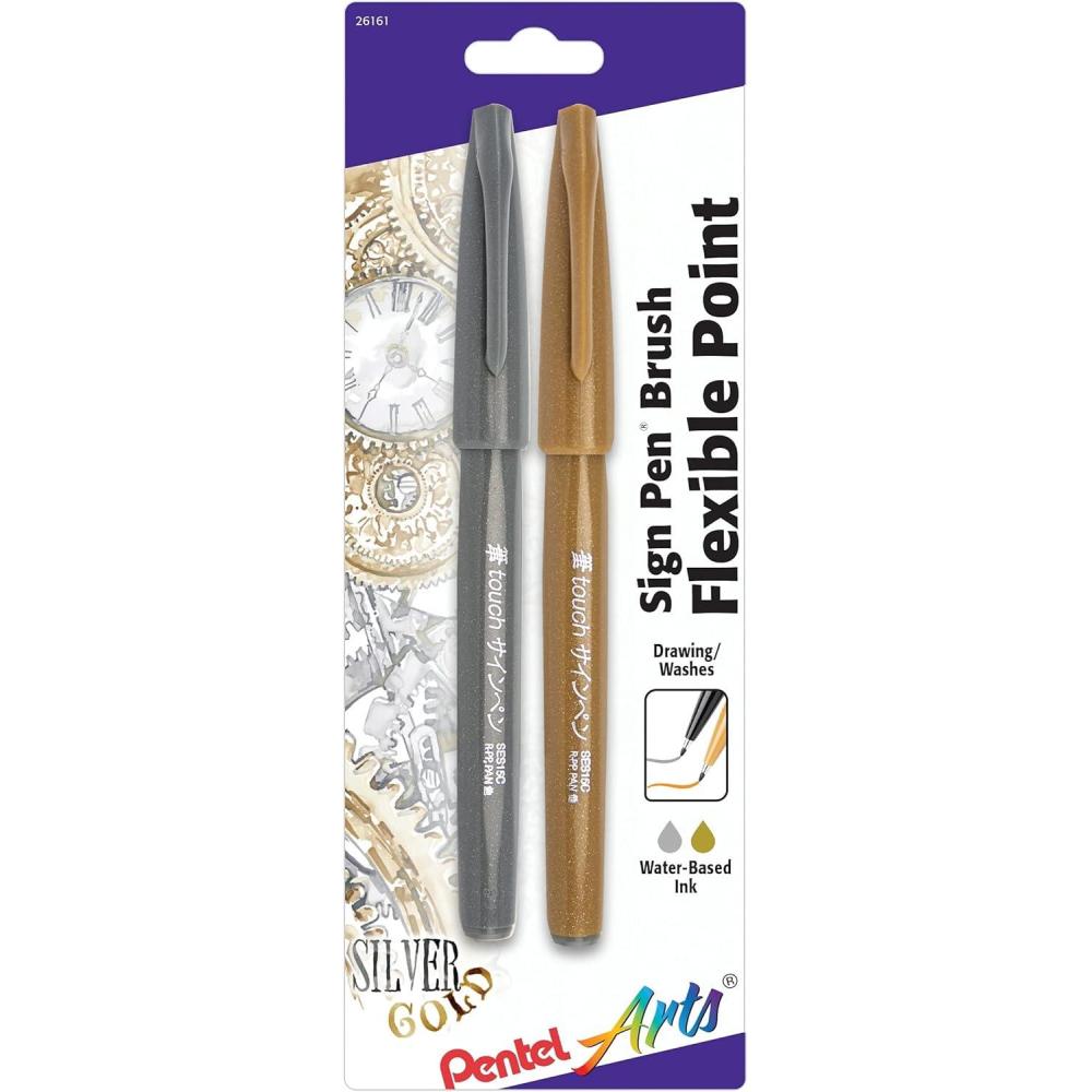 image:imagePentel Arts Sign Pen Touch Fude Brush Tip GoldSilver Pack of 2 SES15CBPXZGoldSilver