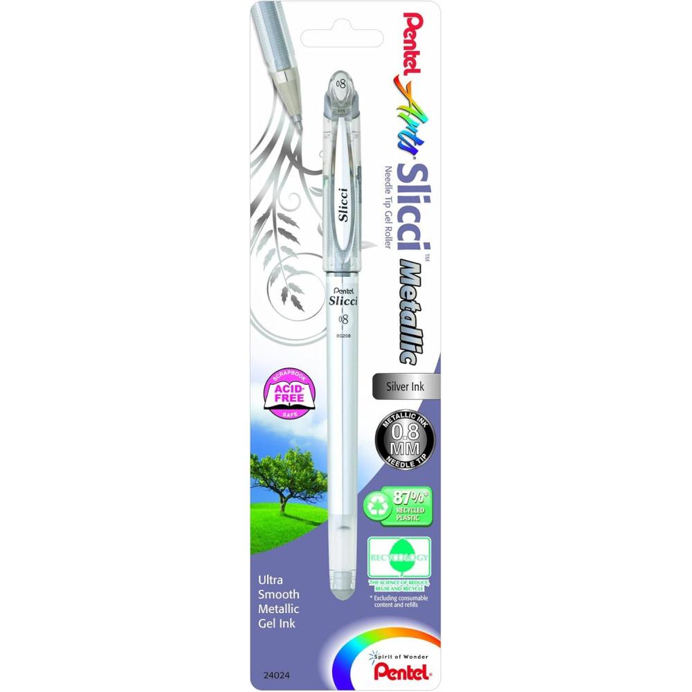 image:imagePentel Arts Slicci 08mm Needle Tip Medium Gel Pen Silver Metallic Ink BG208Z 12 PackSilver