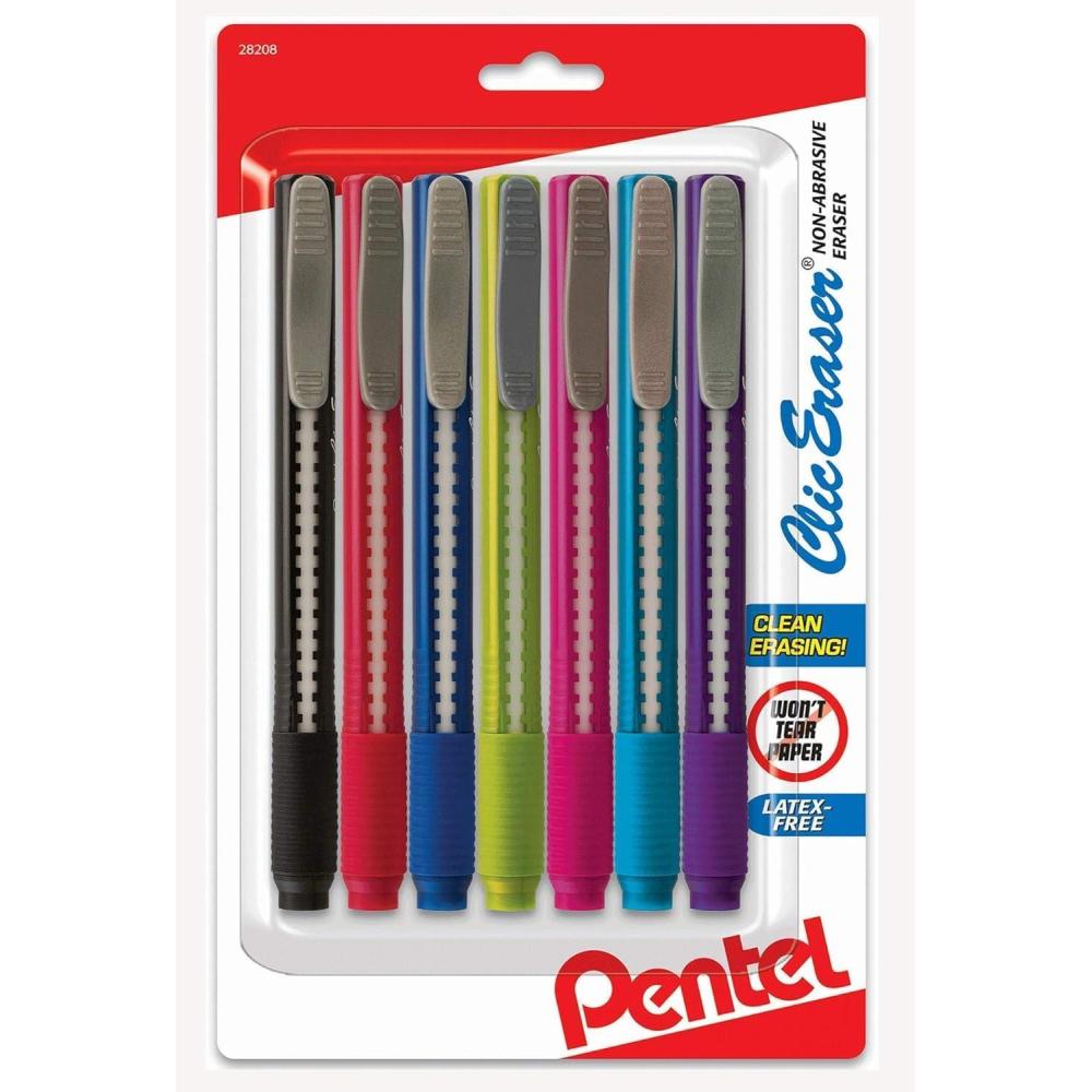image:imagePentel Clic Retractable Eraser Assorted Colored Pen Style Grip Erasers Pack of 77 Count Pack of 1