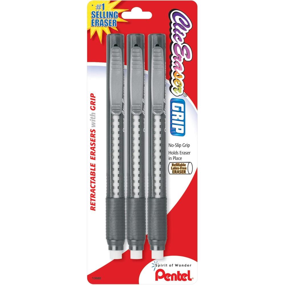 image:imagePentel Clic Retractable Eraser with Grip Assorted Barrel Colors ZE21BP3M Pack of 3Black Blue