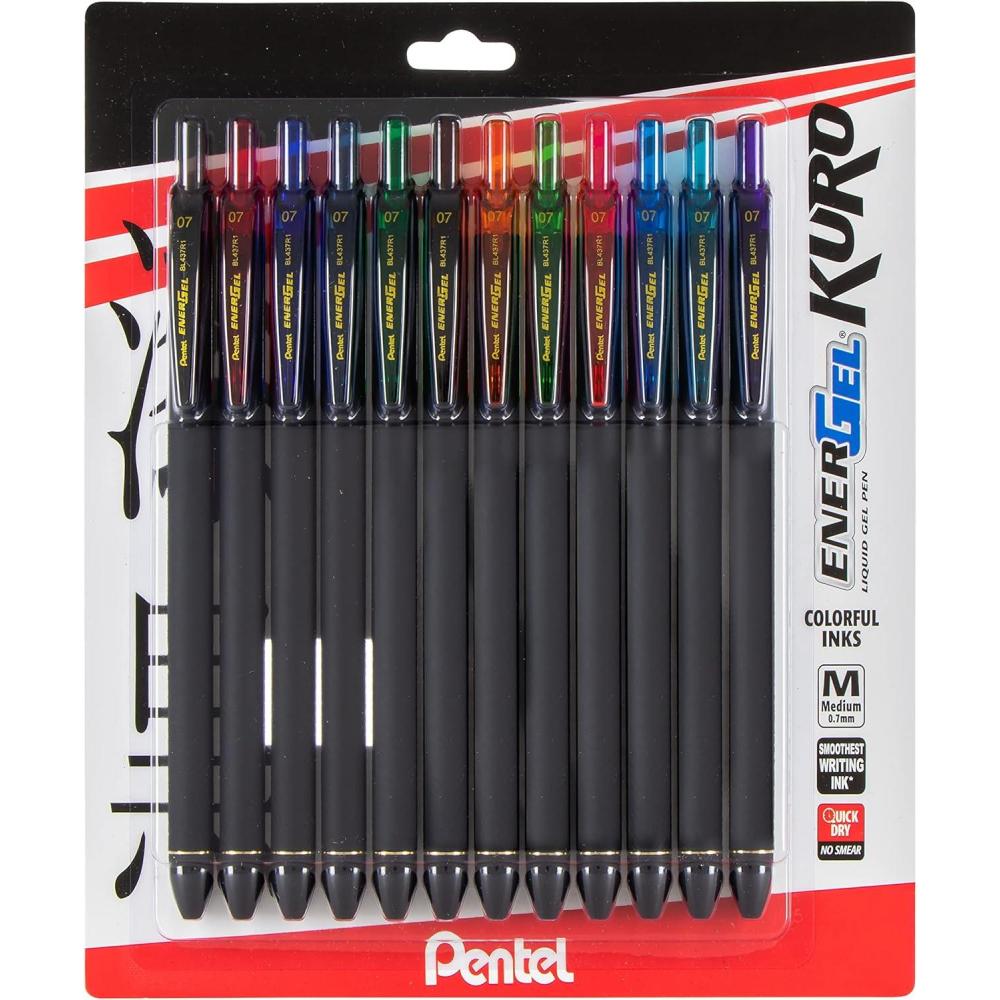 image:imagePentel EnerGel Kuro Liquid Gel Pen 07mm Medium line Assorted Ink 12 Pack BL437R1BP12M