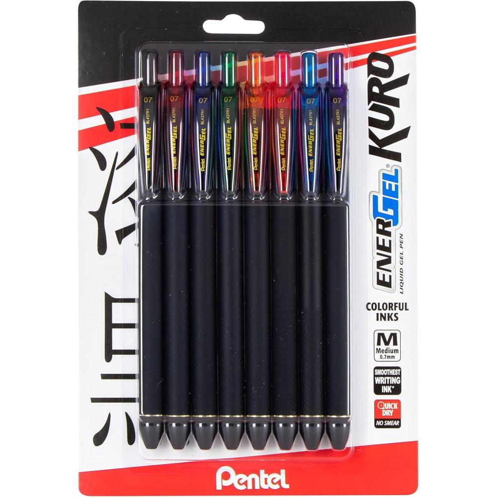 image:imagePentel EnerGel Kuro Liquid Gel Pen 07mm Medium line Assorted Ink Pack of 8 BL437R1BP8MPen