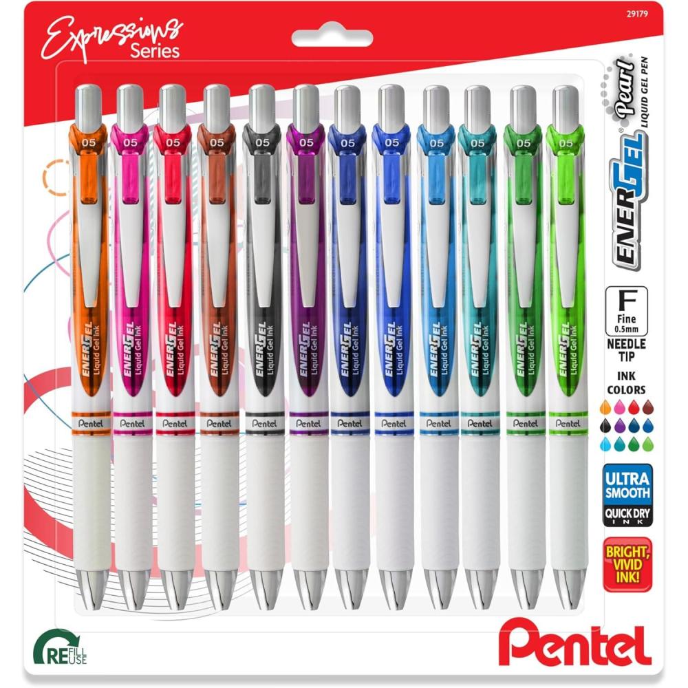 image:imagePentel EnerGel RTX Pearl Liquid Gel Pen 05mm Needle Tip Fine Line Asstd Ink 12Pk12 Count Pack of 1