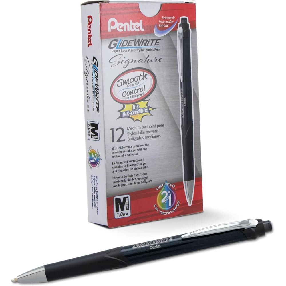 image:imagePentel Glidewrite Signature Ballpoint Pen Black Barrel 10mm Medium Line Black Ink 12 Pens BX930AABlack