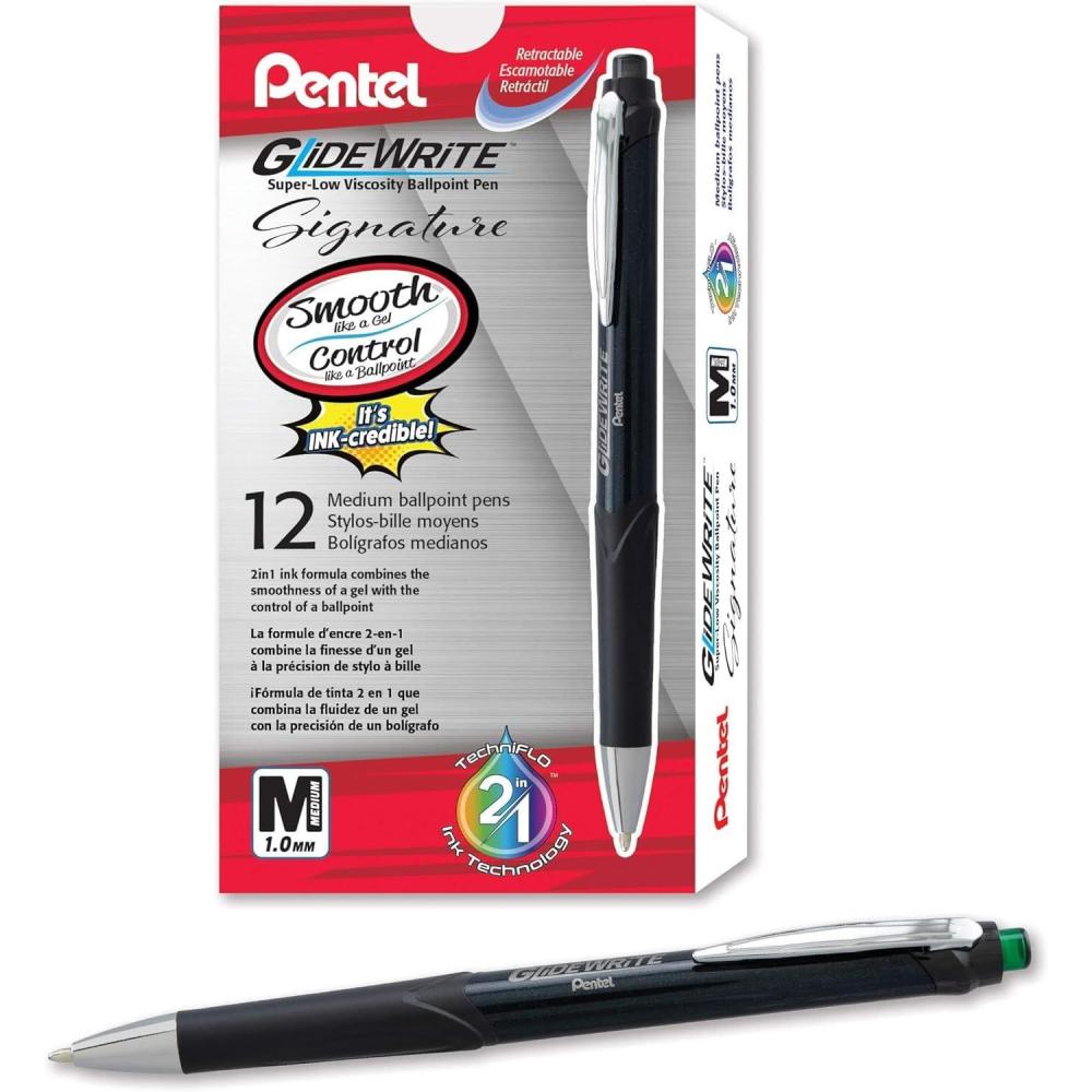 image:imagePentel Glidewrite Signature Ballpoint Pen Black Barrel 10mm Medium Line Black Ink 12 Pens BX930AAGreen