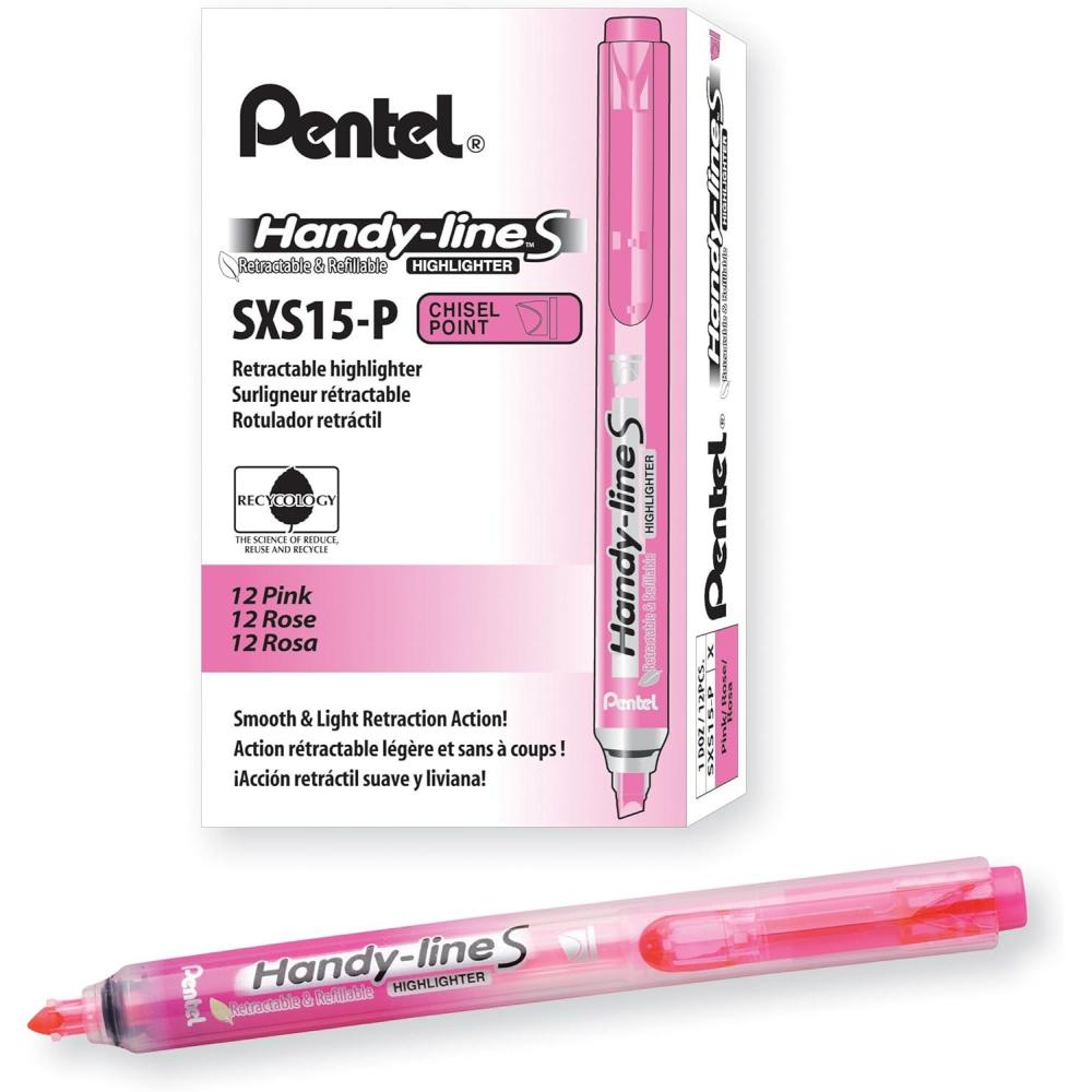 image:imagePentel HandyLine S Retractable and Refillable Chisel Tip Highlighter Pink Ink Box of 12 SXS15P