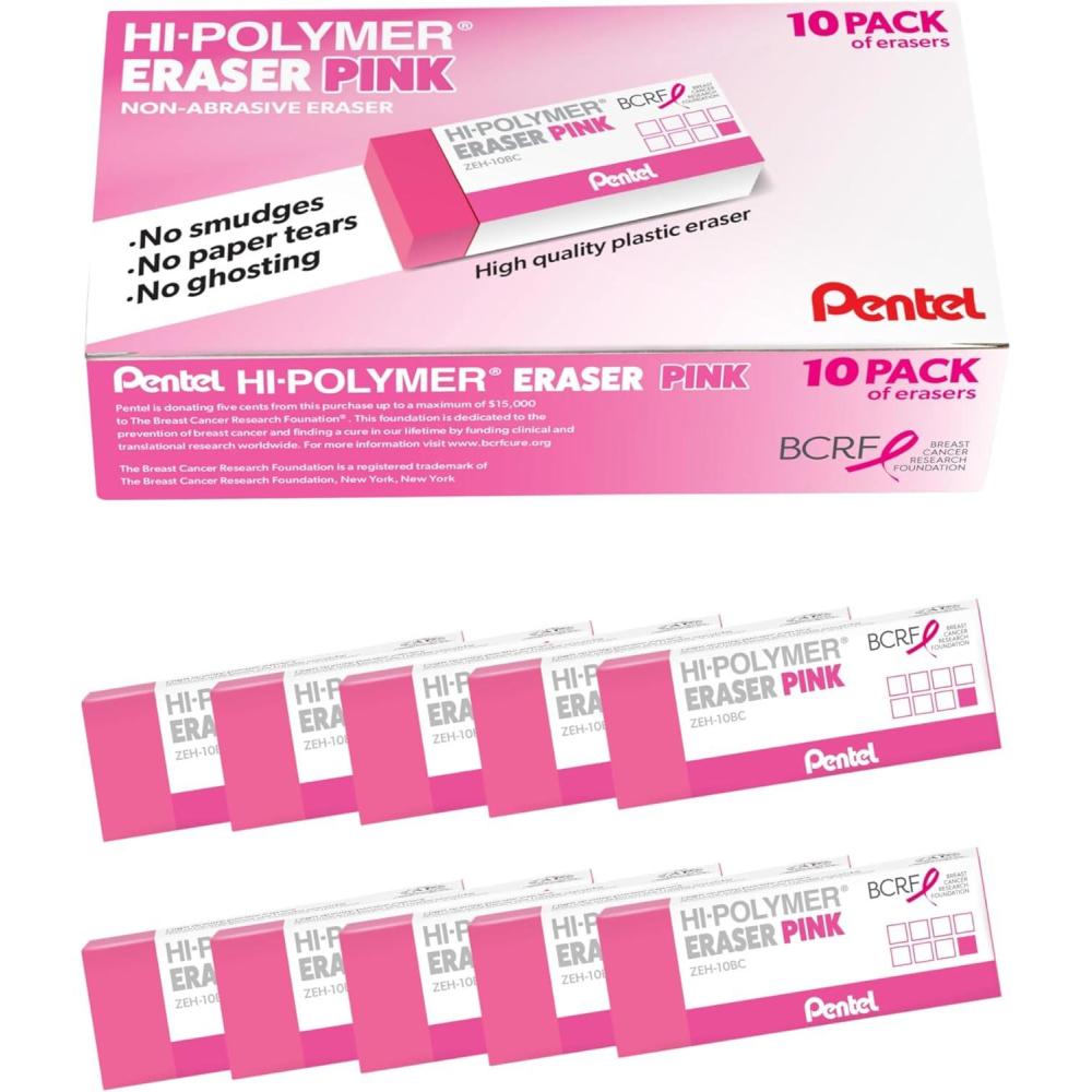 image:imagePentel HiPolymer Pink Block Eraser 10Ct Box BCRF Pink Ribbon ZEH10PC10BC