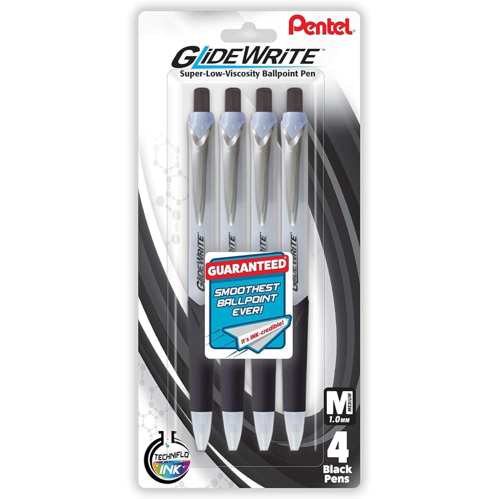 image:imagePentel Pens GlideWrite Ballpoint Pen with TechniFLO Ink 4 Pack of BLACK Ink Pens 10mm with Retractable Barrel Design Easy Grip amp Smooth Writing Metal Tip Medium point pen