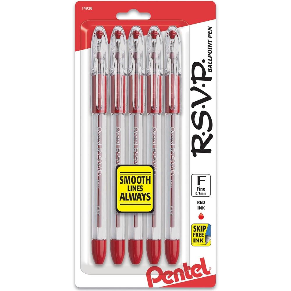 image:imagePentel RSVP Ballpoint Pen Fine Line 07mm Assorted Ink Pack of 5 BK90BP5MRed