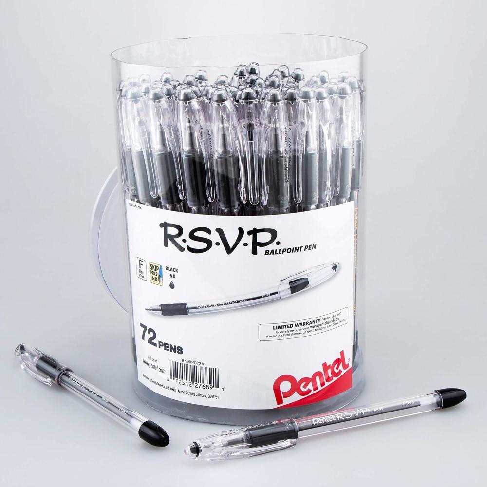 image:imagePentel RSVP Ballpoint Pen Fine Line 07mm Black Ink 72 Pack Canister BK90PC72ABlack