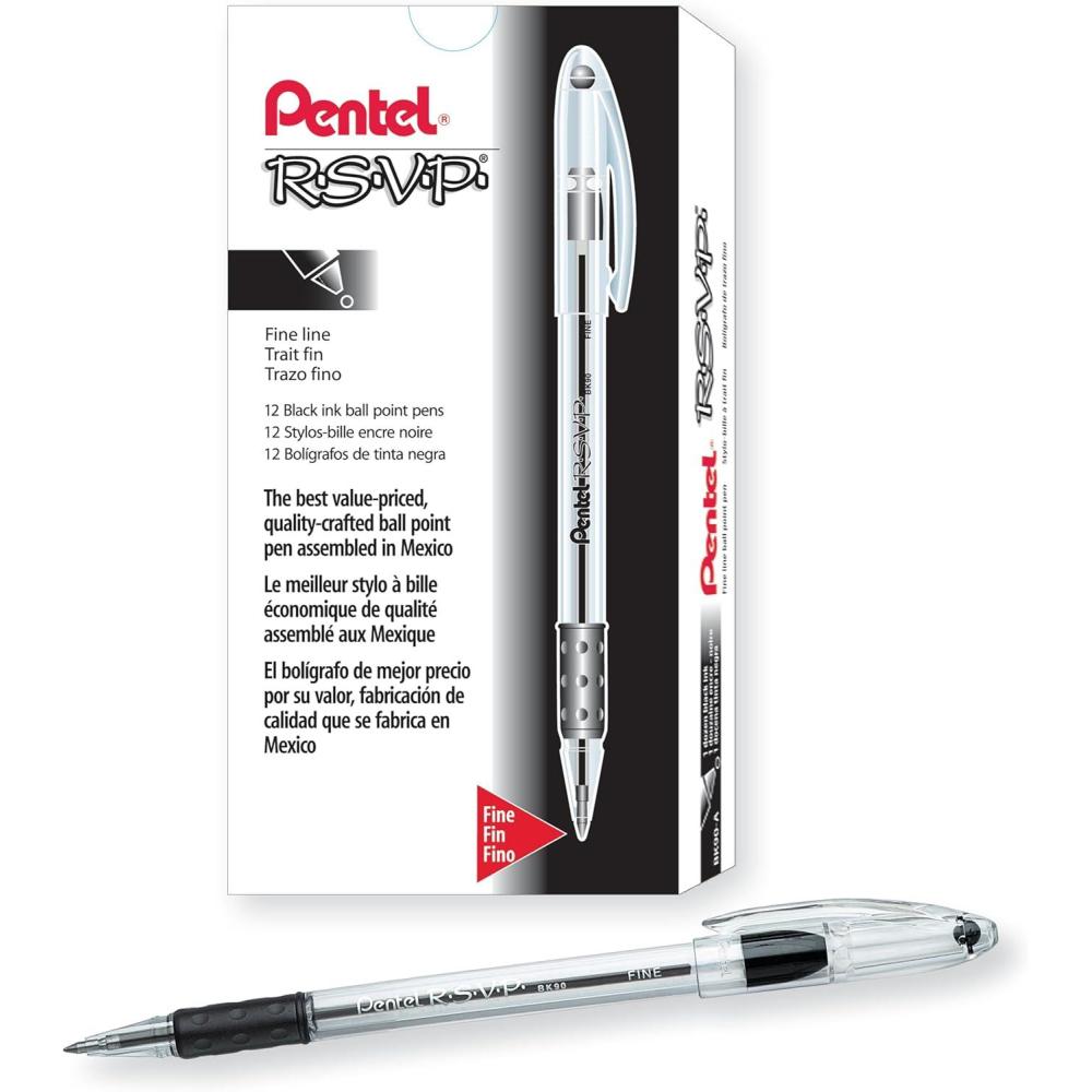 image:imagePentel RSVP Ballpoint Pen Fine Line 07mm Black Ink BK90A Pack of 1 12 Count TotalBlack