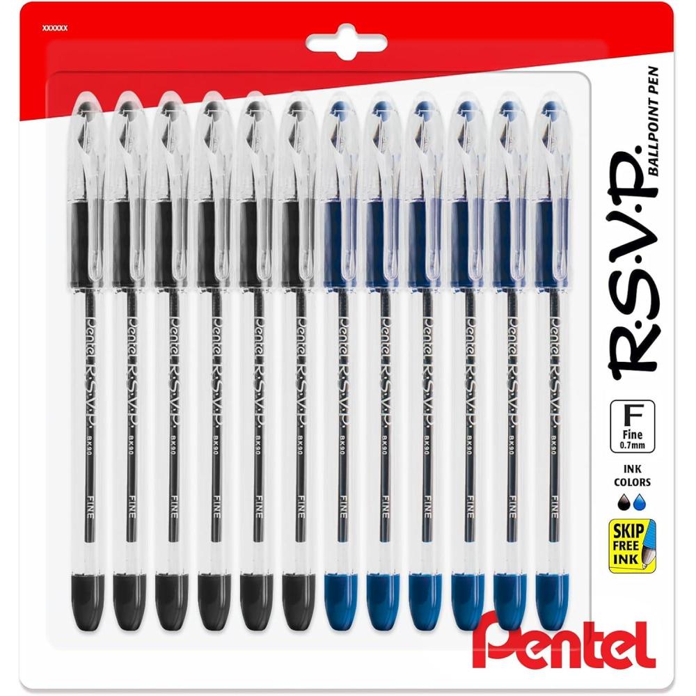 image:imagePentel RSVP Ballpoint Pens 07mm Fine Point 6 Black amp 6 Blue Ink Pentel Pens Pack of 12