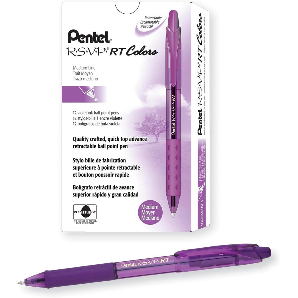 image:imagePentel RSVP RT Colors Retractable Ballpoint Pen 10mm Medium Line Barrel Pink Ink Box of 12 BK93CRPPPurple