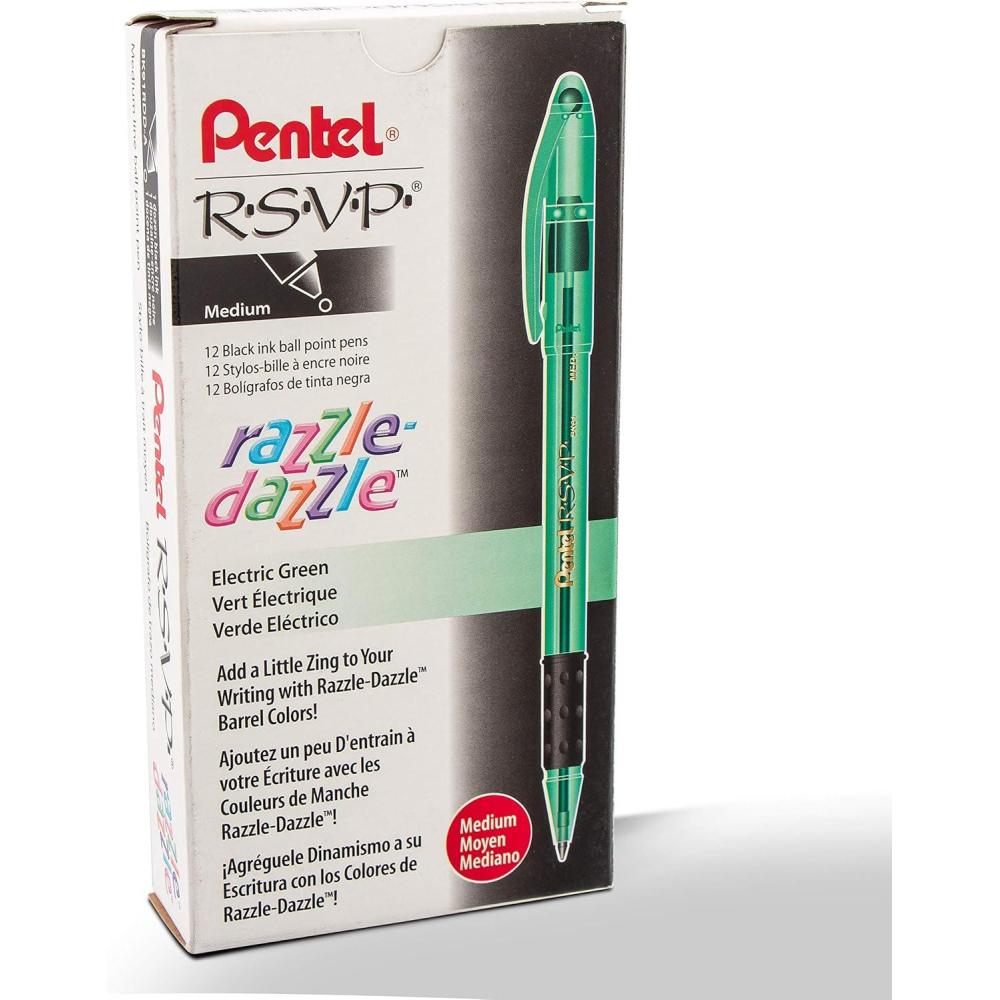 image:imagePentel RSVP RazzleDazzle Ballpoint Pen 10mm Medium Line Pink Barrel Black Ink Box of 12 BK91RDPAGreen