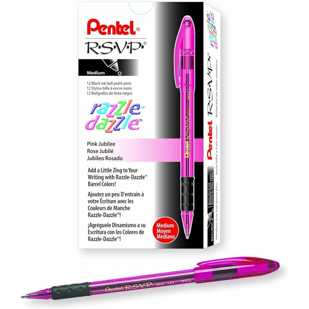 image:imagePentel RSVP RazzleDazzle Ballpoint Pen 10mm Medium Line Pink Barrel Black Ink Box of 12 BK91RDPAPink