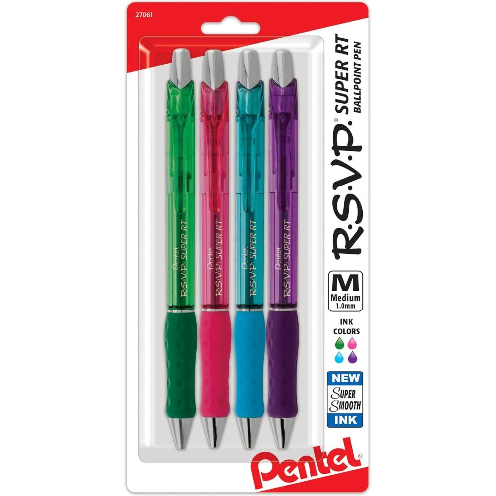 image:imagePentel RSVP Super RT Ballpoint Pen 07mm Fine Line Assorted Ink Pack of 4 BX477BP4M1Multicolor