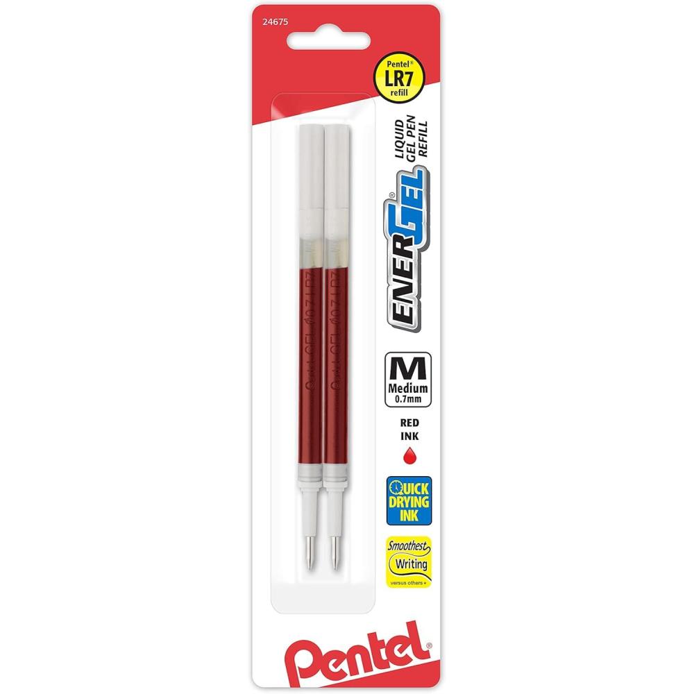 image:imagePentel Refill Ink For ENERGEL amp Lancelot Gel Pen 07mm Metal Tip Medium Red Ink Pack of 2 LR7BP2BRed