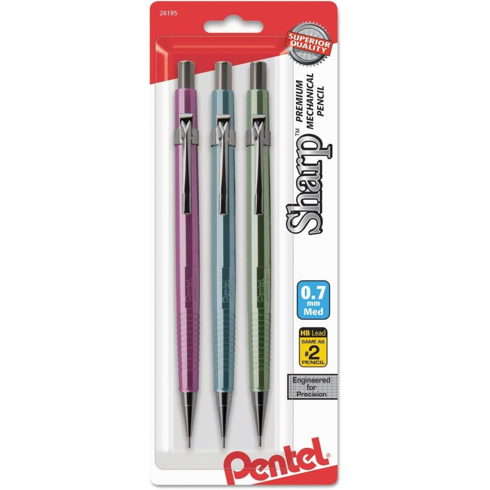 image:imagePentel Sharp Mechanical Pencil 07mm Medium Line Metallic Barrel Assorted Colors Pack of 3 P207MBP3M13 Count Pack of 1
