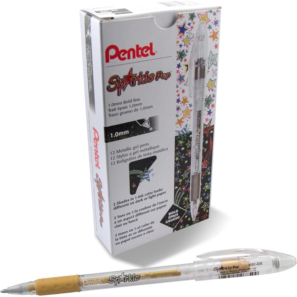 image:imagePentel Sparkle Pop Metallic Gel Pen 10mm Bold Line Pink Box of 12 Pens K91DPGold