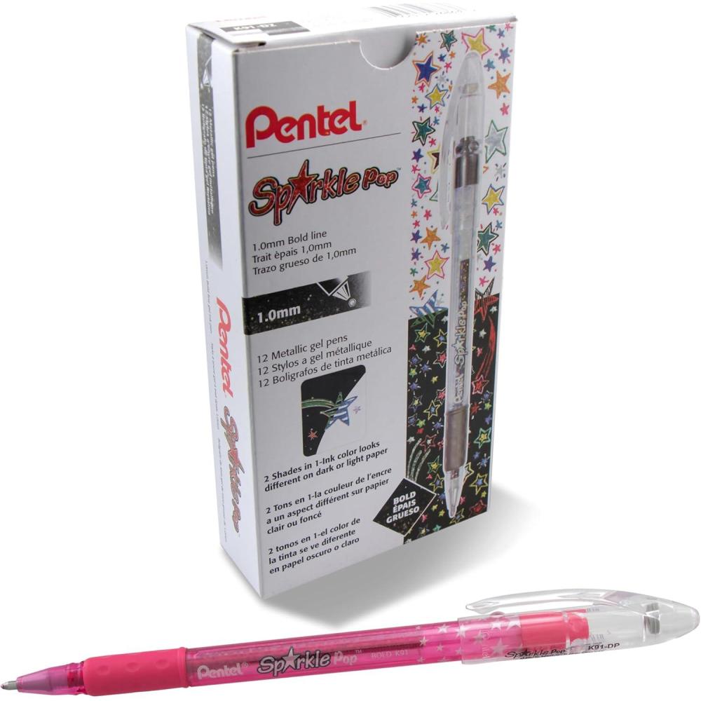image:imagePentel Sparkle Pop Metallic Gel Pen 10mm Bold Line Pink Box of 12 Pens K91DPPink