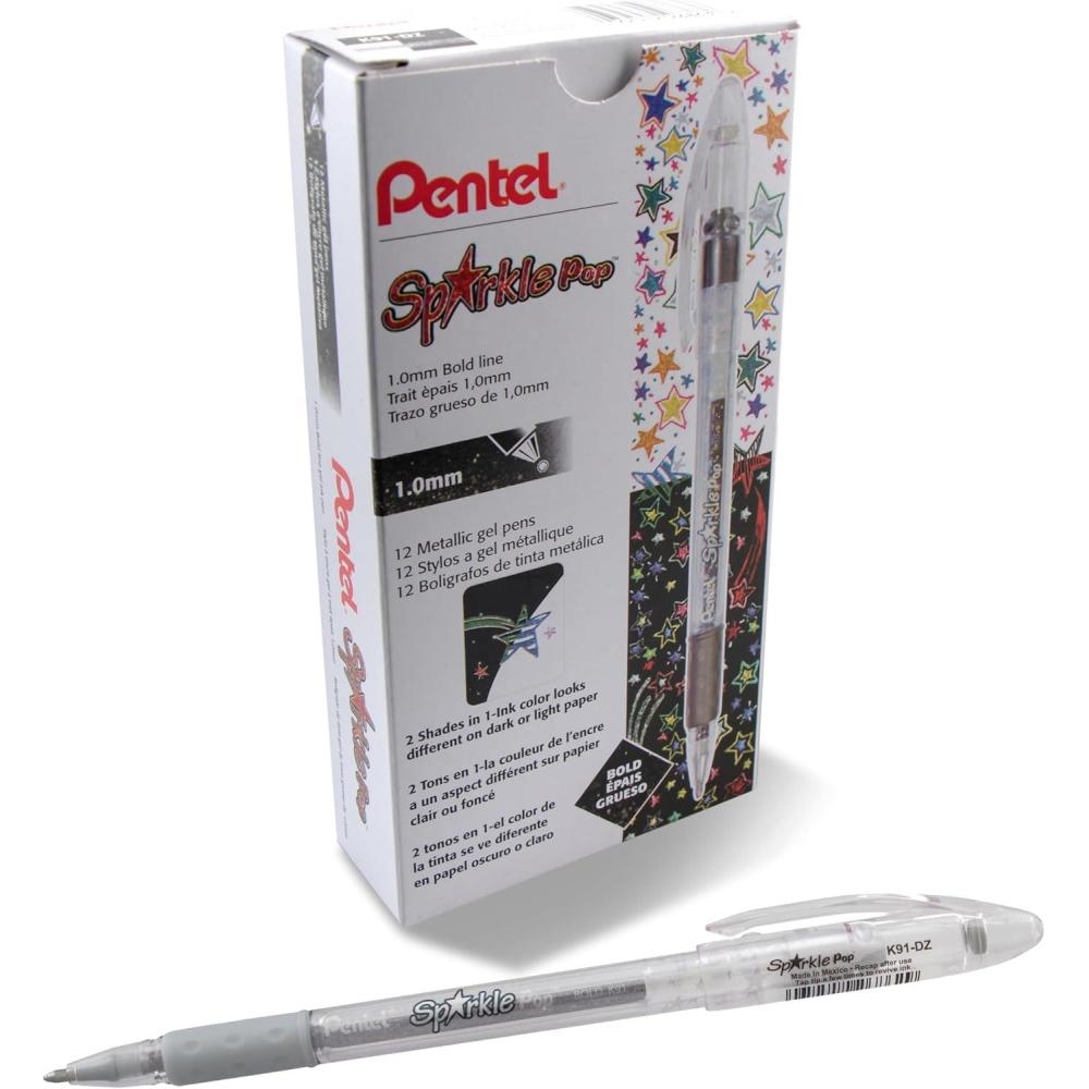 image:imagePentel Sparkle Pop Metallic Gel Pen 10mm Bold Line Pink Box of 12 Pens K91DPSilver
