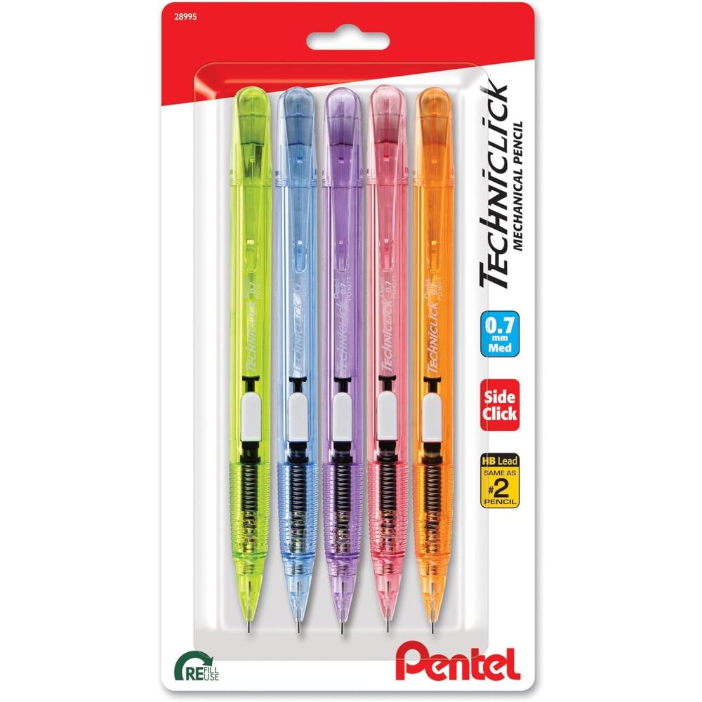 image:imagePentel Techniclick 07mm Mechanical Pencil Pack of 5 Smooth Writing Pencil for Students amp Professionals Medium Line SideClick Lead Advance Assorted Pastel Barrel Colors PD107TBP5M
