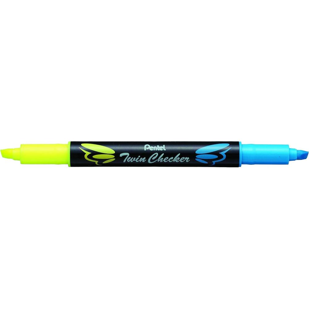 image:imagePentel Twin Checker Dualtip Highlighter Chisel Tip YellowPink Ink Pack of 12 SLW8GPYellowBlue