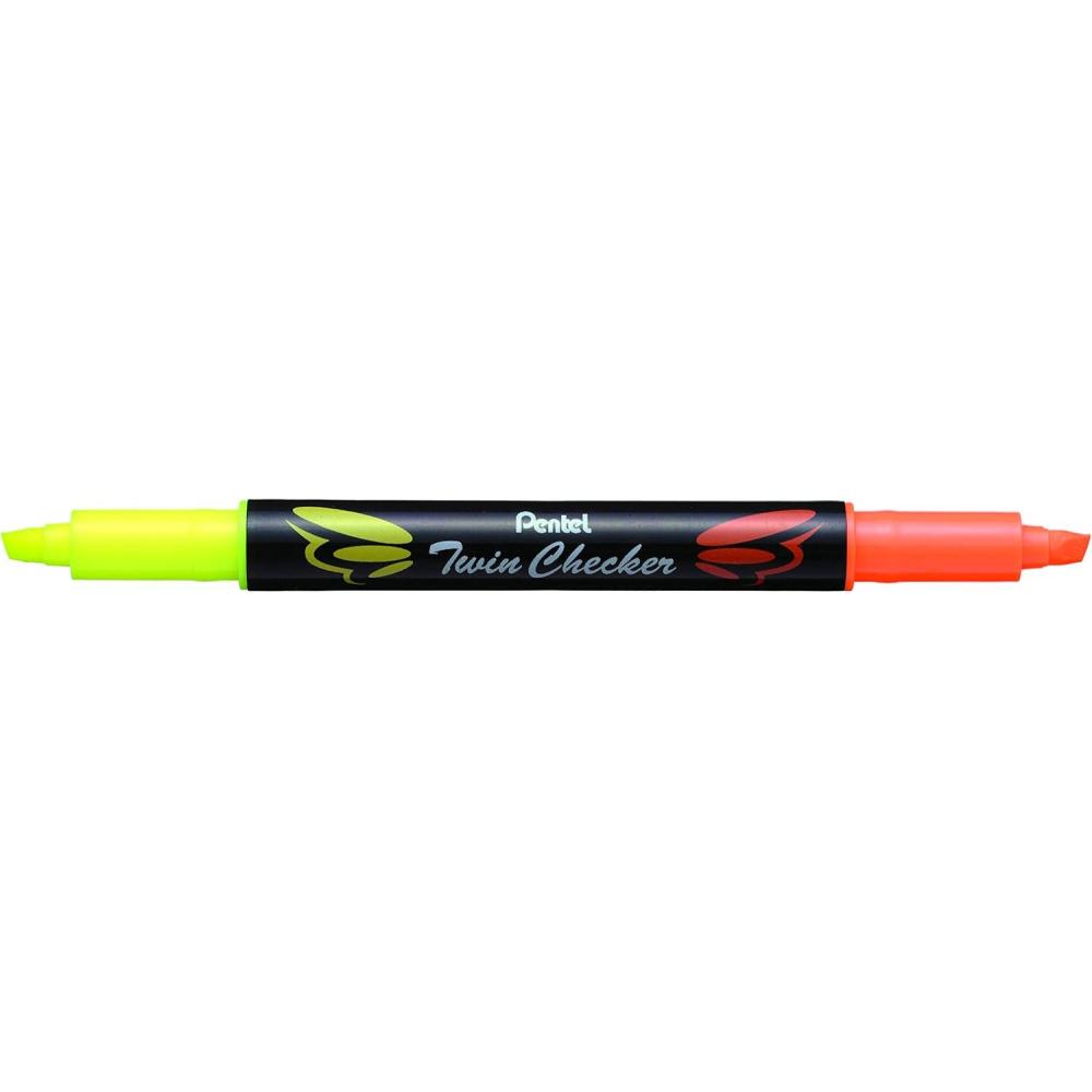 image:imagePentel Twin Checker Dualtip Highlighter Chisel Tip YellowPink Ink Pack of 12 SLW8GPYellowOrange