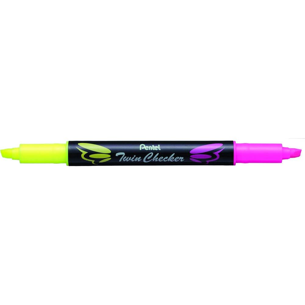 image:imagePentel Twin Checker Dualtip Highlighter Chisel Tip YellowPink Ink Pack of 12 SLW8GPYellowPink