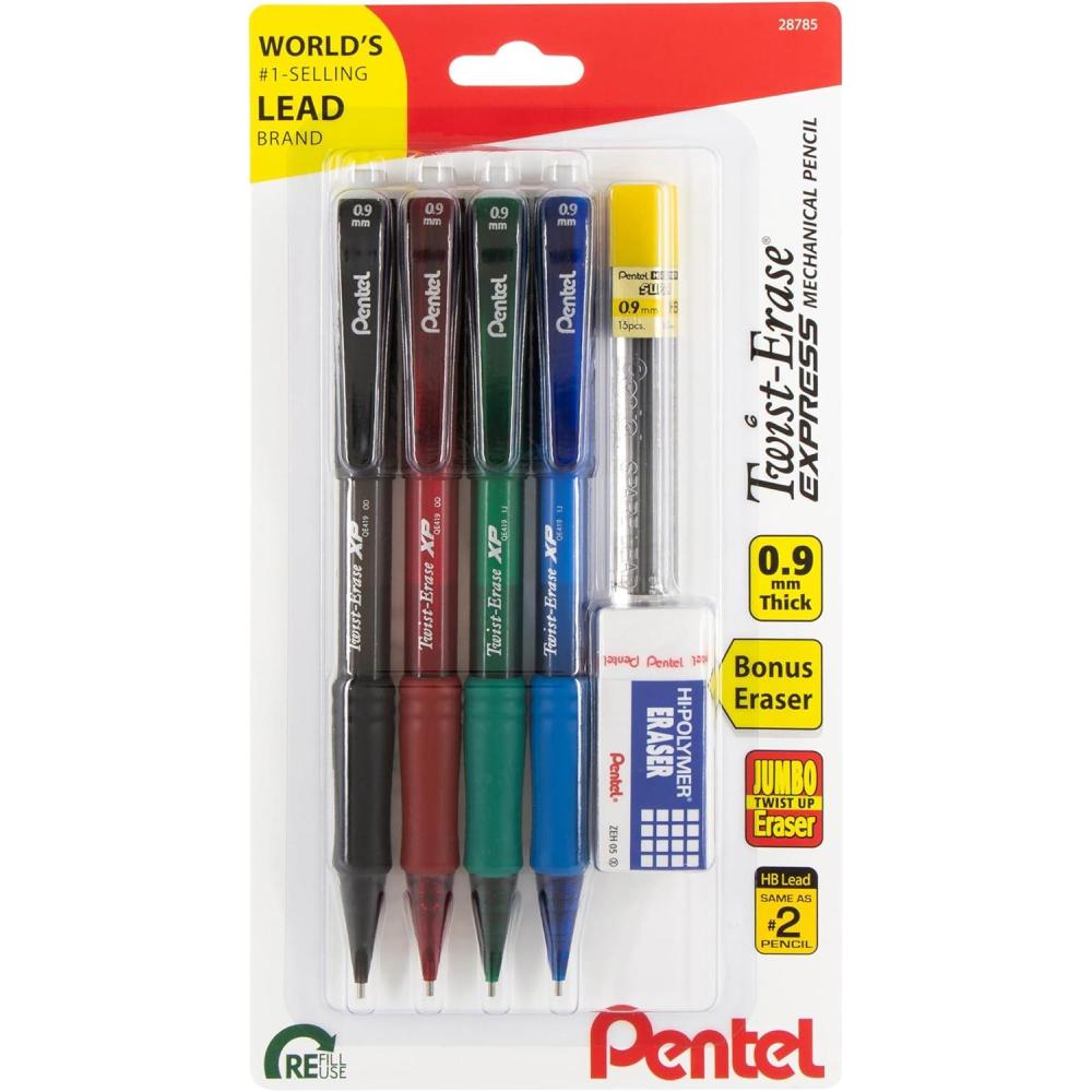 image:imagePentel TwistErase EXPRESS Mechanical Pencils 09mm Assorted Barrel Colors Pack of 4 Pencils Lead Small Block Eraser