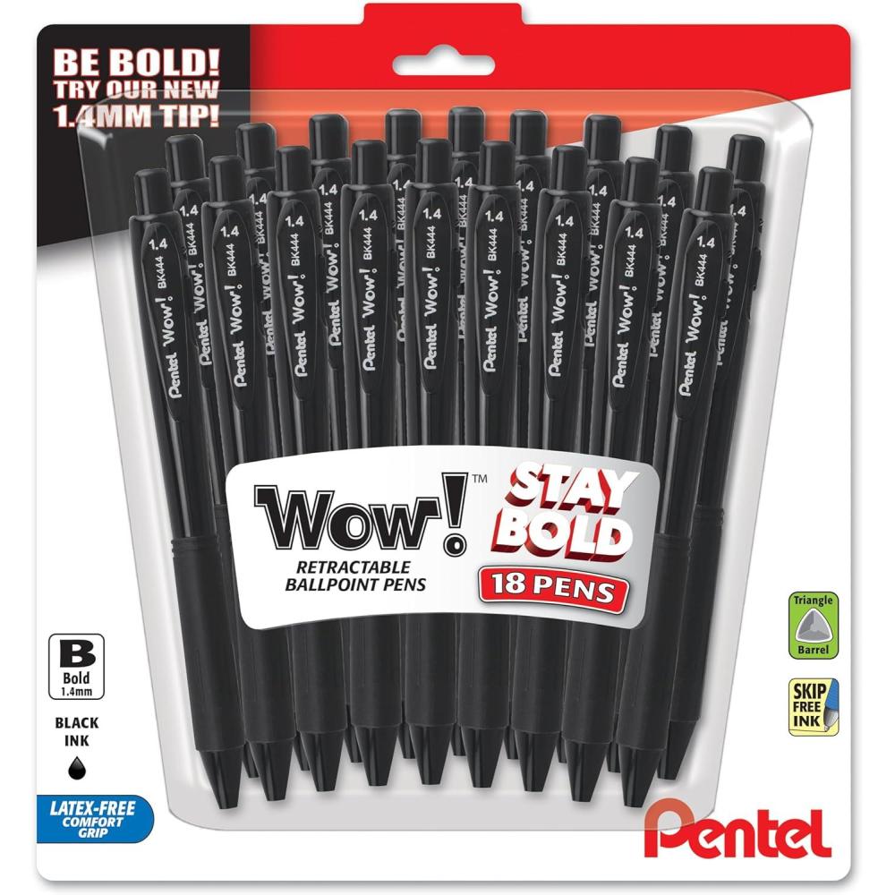image:imagePentel Wow Retractable Ballpoint Pen 14mm Bold Line Assorted Ink Colors Pack of 18 BK444BP18MBlack
