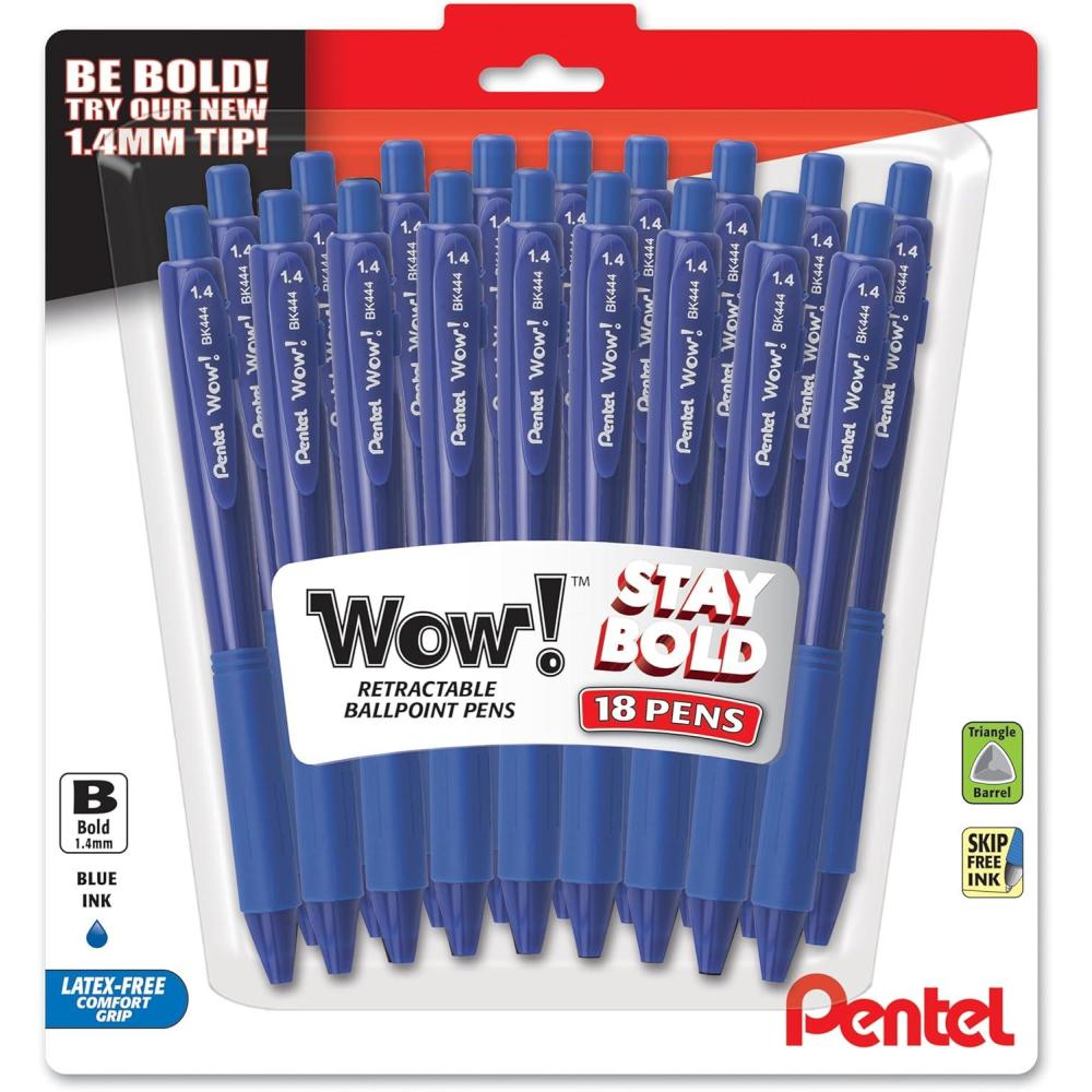 image:imagePentel Wow Retractable Ballpoint Pen 14mm Bold Line Assorted Ink Colors Pack of 18 BK444BP18MBlue