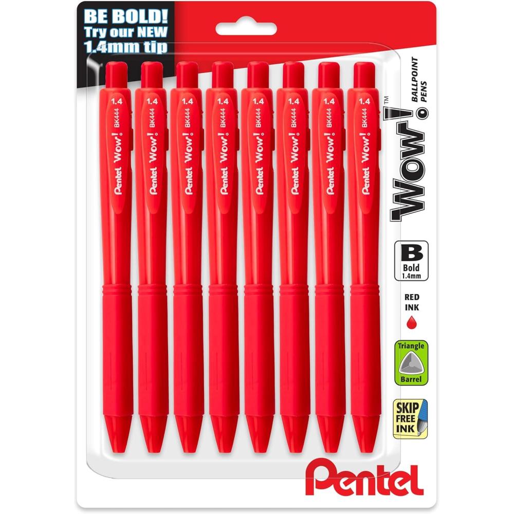 image:imagePentel Wow Retractable Ballpoint Pen 14mm Bold Line Blue Ink Pack of 8 BK444BP8CRed