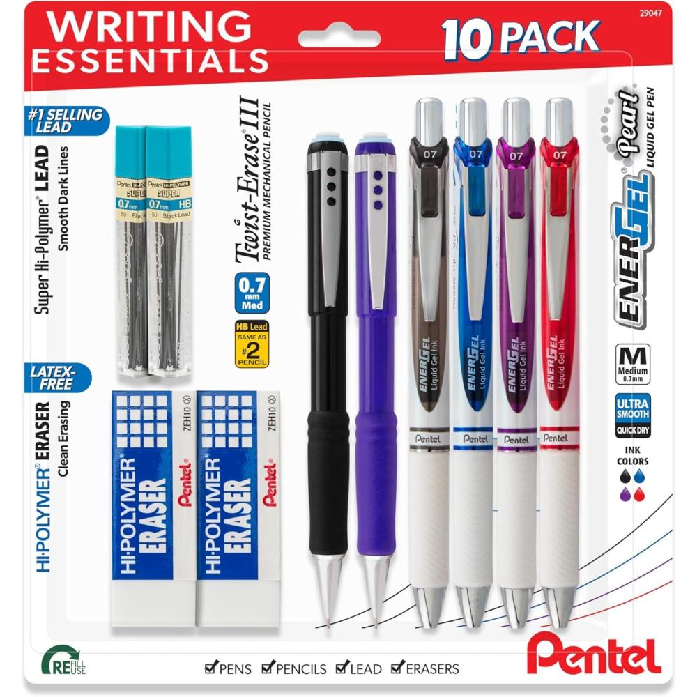 image:imagePentel Writing Essentials 10 pack 4 EnerGel gel pens 2 Twist Erase III 07mm mechanical pencils 2 HiPolymer block erasers and 2 HiPolymer 07mm HB lead