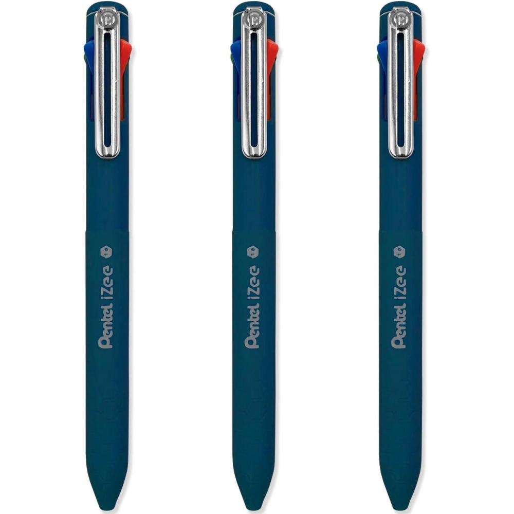 image:imagePentel iZee 4 Colour Ballpoint Pen Deep Blue Barrel Multi Ink Black Blue Red amp Green Ink Pack of 3