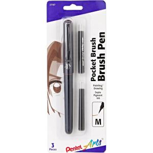 image:imagePentel Arts Pocket Brush Pigment Ink Pen wRefills  1 Pocket Brush Pen 2 Pigment Ink Refills  Sepia GFKP3BPSP Black