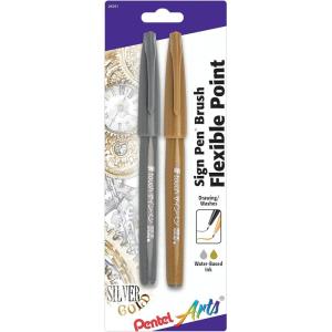 image:imagePentel Arts Sign Pen Touch Fude Brush Tip GoldSilver Pack of 2 SES15CBPXZGoldSilver