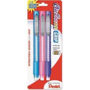 image:imagePentel Clic Retractable Eraser with Grip Assorted Barrel Colors ZE21BP3M Pack of 3Assorted Mix