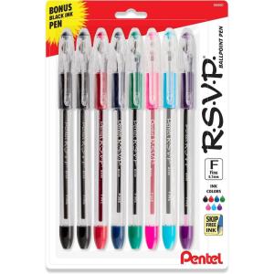 image:imagePentel RSVP Original Ballpoint Pen 07mm Fine Line Assorted Ink Colors Clear Barrel 8 Pack with Bonus Black Ink Pen