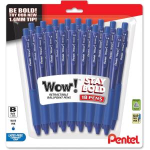 image:imagePentel Wow Retractable Ballpoint Pen 14mm Bold Line Assorted Ink Colors Pack of 18 BK444BP18MBlue