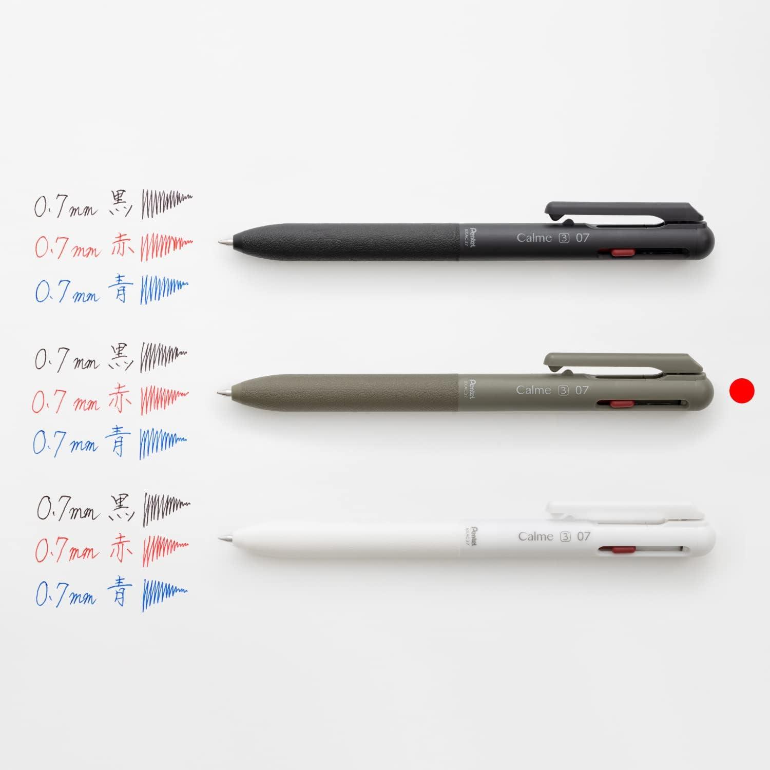 image:imagePentel BXAC37D Calme Ballpoint Pen 3 Colours Clearly Attenuated Click Sound Grip Zone in Imitation Leather Refillable Ball 07 mm Line Thickness 035 mm BlackRedBlue Pack of 1khaki