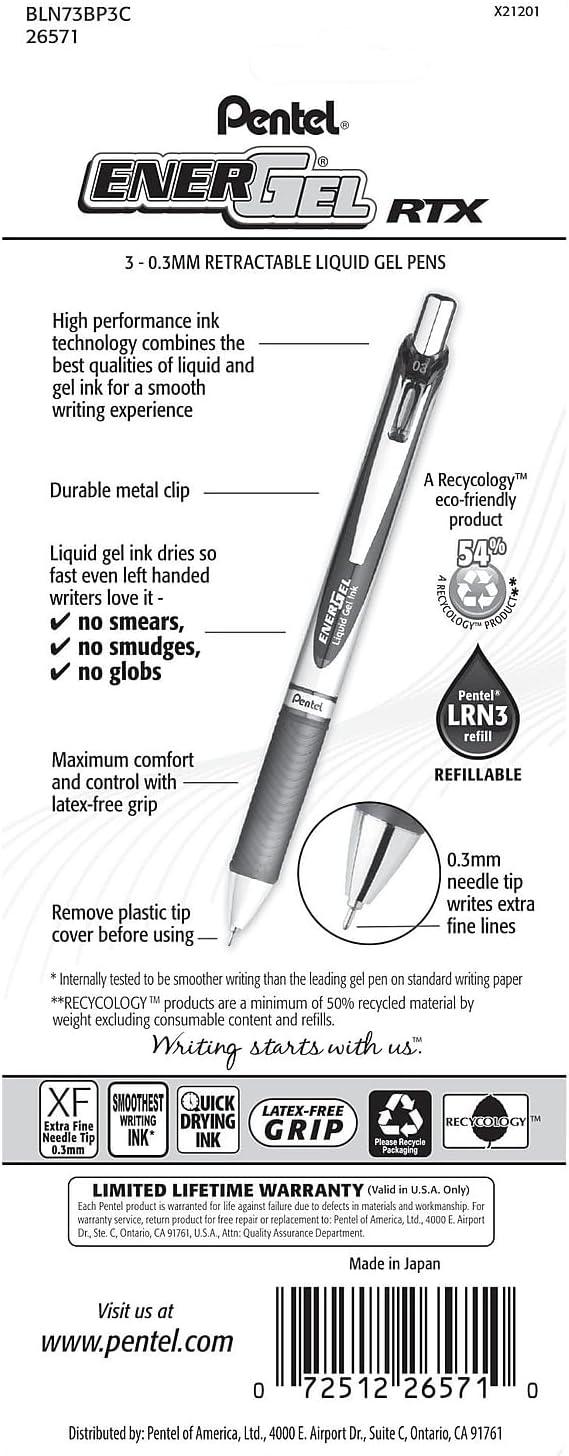 image:imagePentel EnerGel RTX Retractable Liquid Gel Pen 03mm Extra Fine Line Needle Tip Black Ink Pack of 3 BLN73BP3ABlue